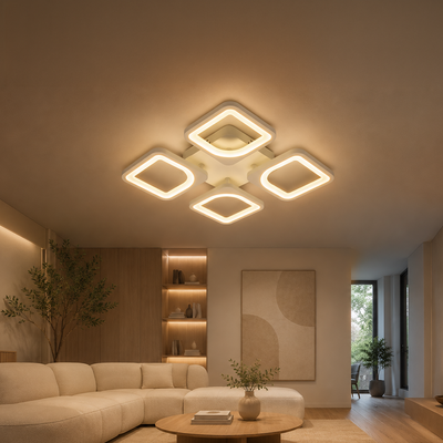 Żyrandol LED z pilotem ZOE 53W, 4 kwadraty, światło zimne/ciepłe/neutralne, możliwość ściemniania, biały