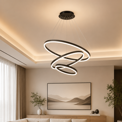 Zawieszany żyrandol LED z pilotem CASIANA 85W, 3 koła, światło zimne/ciepłe/neutralne, możliwość przyciemniania, czarny, regulacja wysokości