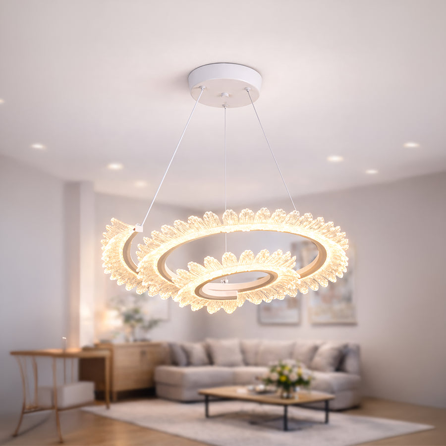 Żyrandol LED Luminis PRISM, kryształ i metal, 210 W, 4 okręgi, ściemnialny, regulowana wysokość, zimne/ciepłe/neutralne światło, luksusowe oświetlenie