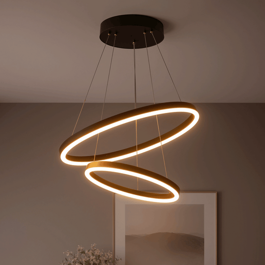 Zawieszany żyrandol LED z pilotem CASIANA 40W, 2 koła, światło zimne/ciepłe/neutralne 3000K/4000K/6000K, możliwość przyciemniania, czarny, regulowana wysokość, metal i akryl