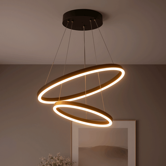 Zawieszany żyrandol LED z pilotem CASIANA 40W, 2 koła, światło zimne/ciepłe/neutralne 3000K/4000K/6000K, możliwość przyciemniania, czarny, regulowana wysokość, żyrandole LED z metalu i akrylu z pilotem Domyślny tytuł Alessandro Design