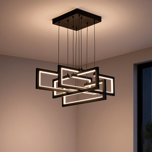 Żyrandol LED z pilotem, zwieszany 96W, 4 elementy, światło zimne/ciepłe/neutralne, możliwość przyciemniania, regulowana wysokość, czarny