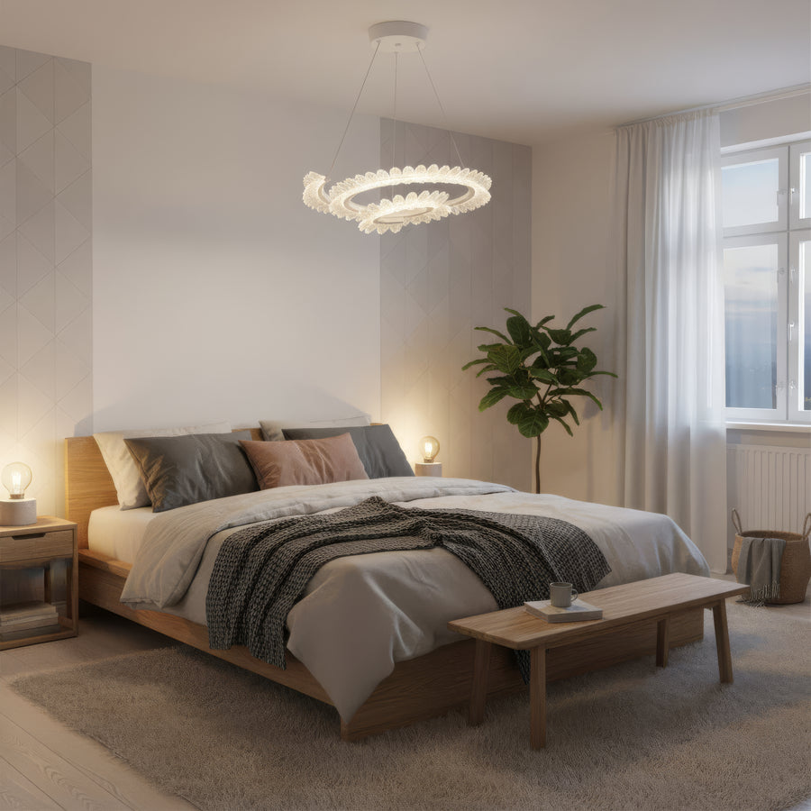 Żyrandol LED Luminis PRISM, kryształ i metal, 210 W, 4 okręgi, ściemnialny, regulowana wysokość, zimne/ciepłe/neutralne światło, luksusowe oświetlenie