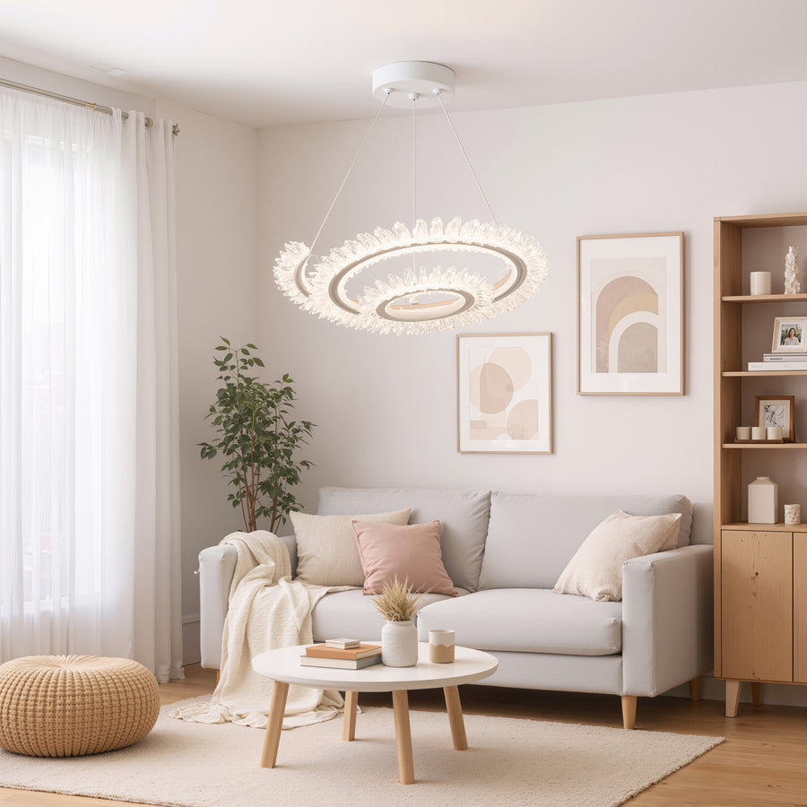 Żyrandol LED Luminis PRISM, kryształ i metal, 210 W, 4 okręgi, ściemnialny, regulowana wysokość, zimne/ciepłe/neutralne światło, luksusowe oświetlenie