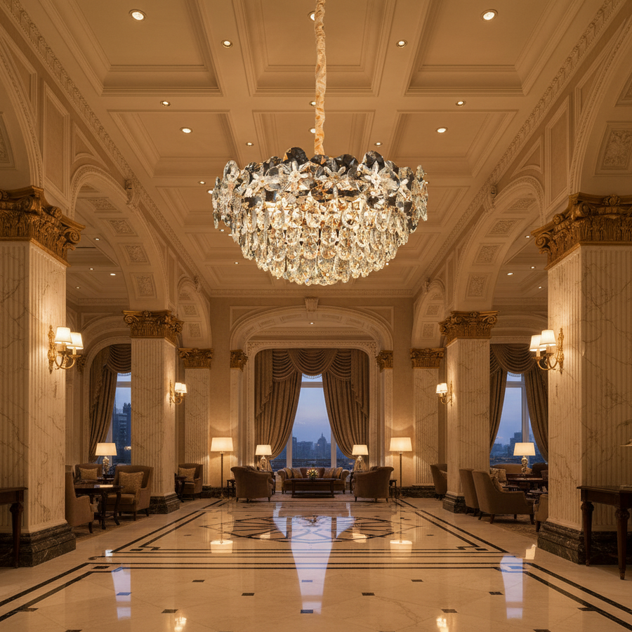 Żyrandol kryształowy JARDIN Eleganza 9xE14, średnica 50cm, wysokość 30cm, błyszczące złoto, regulowana wysokość, elegancki design Żyrandole kryształowe Domyślny tytuł Alessandro Design