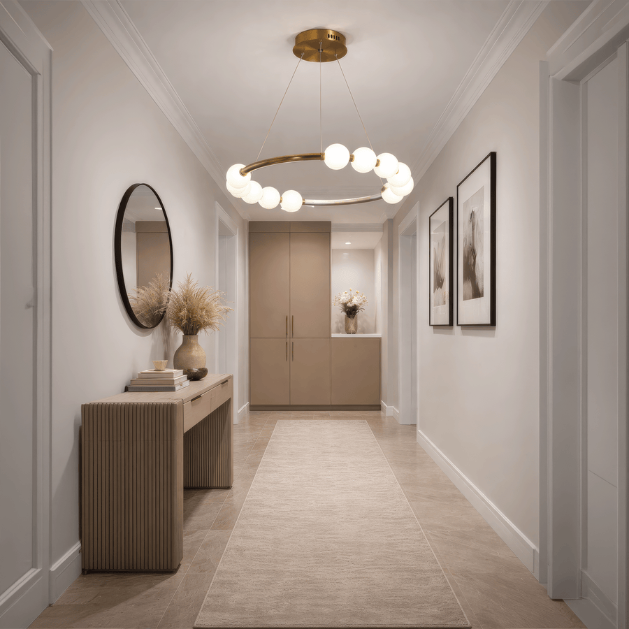 Wisząca lampa LED z akrylu Nova 57W z pilotem, ściemnialna, 3000K/4000K/6000K, kolor złoty, metal i akryl