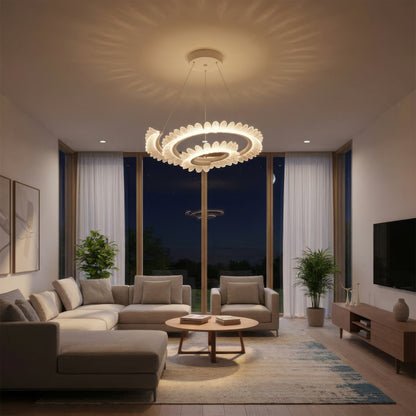 Żyrandol LED Luminis PRISM, kryształ i metal, 210 W, 4 okręgi, ściemnialny, regulowana wysokość, zimne/ciepłe/neutralne światło, luksusowe oświetlenie