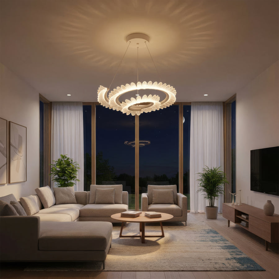 Żyrandol LED Luminis PRISM, kryształ i metal, 210 W, 4 okręgi, ściemnialny, regulowana wysokość, zimne/ciepłe/neutralne światło, luksusowe oświetlenie