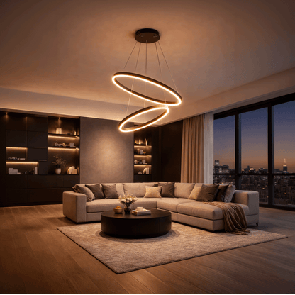 Zawieszany żyrandol LED z pilotem CASIANA 40W, 2 koła, światło zimne/ciepłe/neutralne 3000K/4000K/6000K, możliwość przyciemniania, czarny, regulowana wysokość, metal i akryl