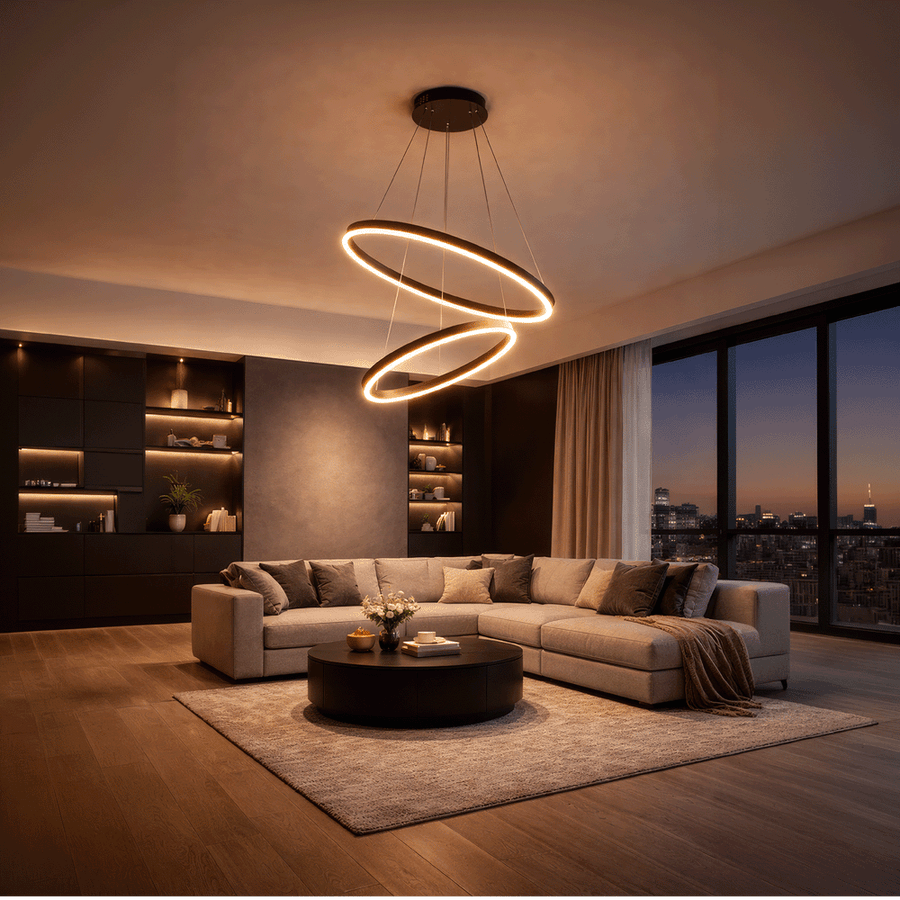 Zawieszany żyrandol LED z pilotem CASIANA 40W, 2 koła, światło zimne/ciepłe/neutralne 3000K/4000K/6000K, możliwość przyciemniania, czarny, regulowana wysokość, metal i akryl