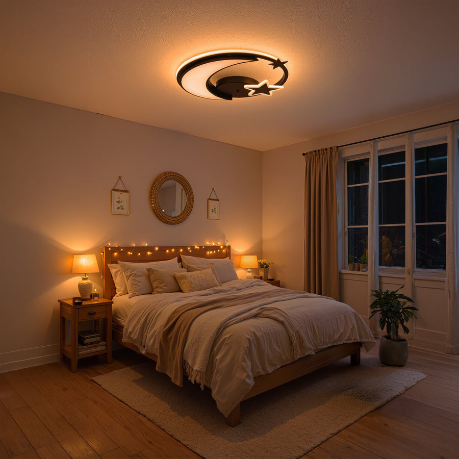 Żyrandol LED z pilotem ALYONA 44W, Księżyc i Gwiazda, Światło zimne/ciepłe/neutralne, Ściemnialny, Czarny 