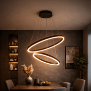 Zawieszany żyrandol LED z pilotem CASIANA 40W, 2 koła, światło zimne/ciepłe/neutralne 3000K/4000K/6000K, możliwość przyciemniania, czarny, regulowana wysokość, metal i akryl