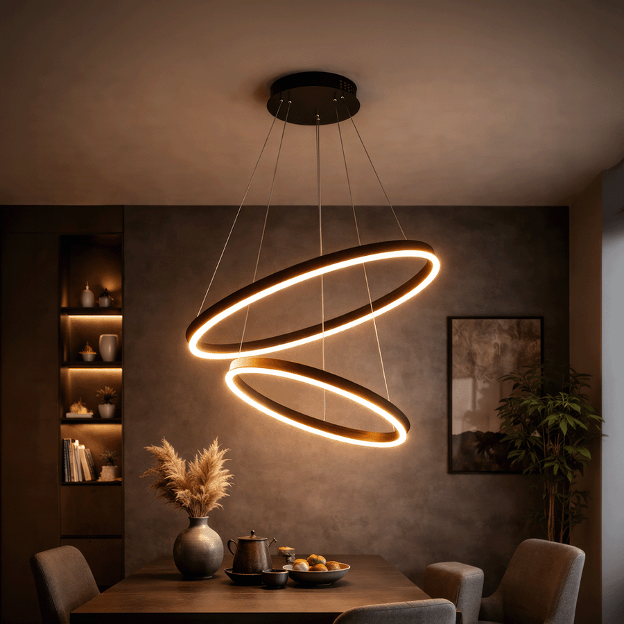 Zawieszany żyrandol LED z pilotem CASIANA 40W, 2 koła, światło zimne/ciepłe/neutralne 3000K/4000K/6000K, możliwość przyciemniania, czarny, regulowana wysokość, metal i akryl