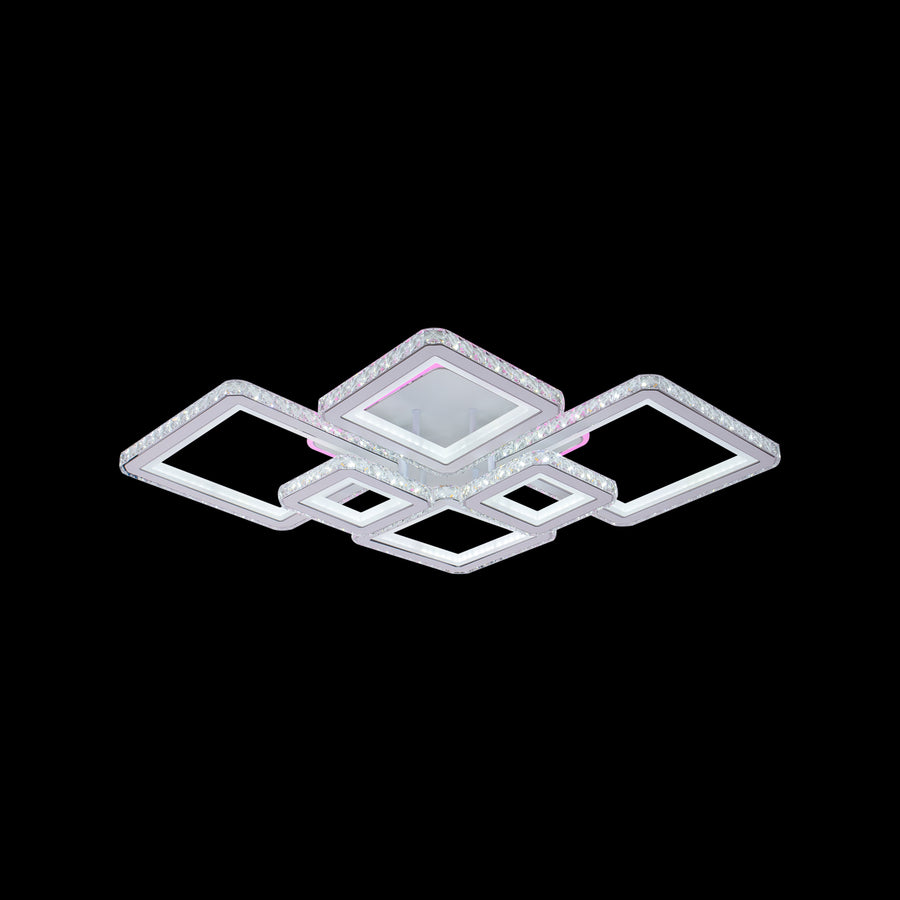 Żyrandol LED z pilotem i kryształem QUADRIS RGB 170 W, 6 kwadratów, światło zimne/ciepłe/neutralne, ściemnialny, biały 