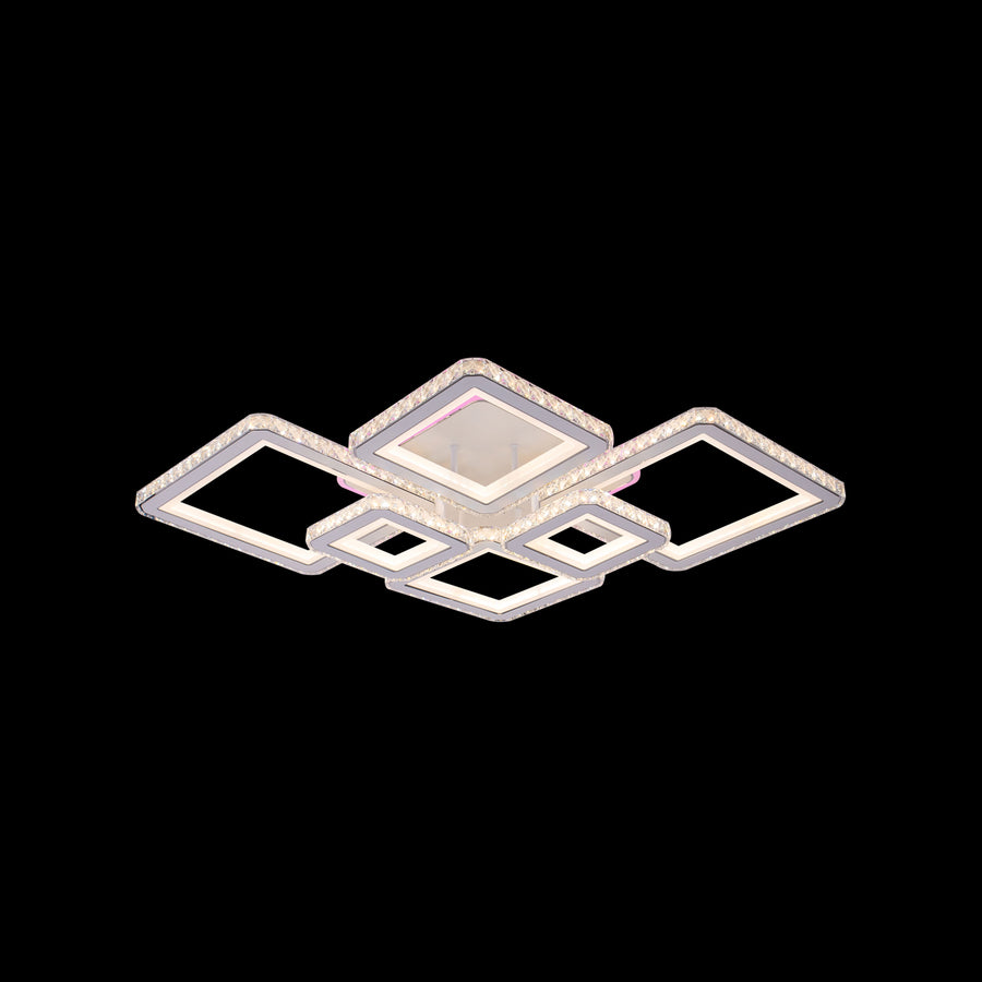 Żyrandol LED z pilotem i kryształem QUADRIS RGB 170 W, 6 kwadratów, światło zimne/ciepłe/neutralne, ściemnialny, biały 