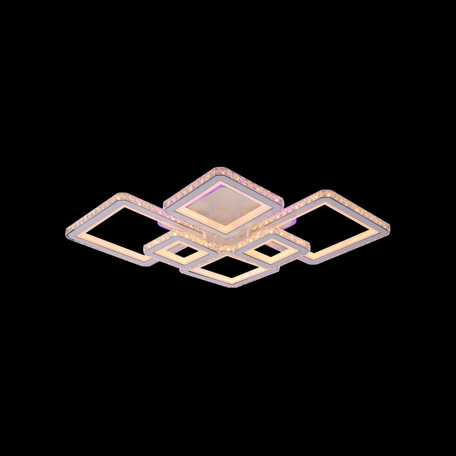 Żyrandol LED z pilotem i kryształem QUADRIS RGB 170 W, 6 kwadratów, światło zimne/ciepłe/neutralne, ściemnialny, biały 