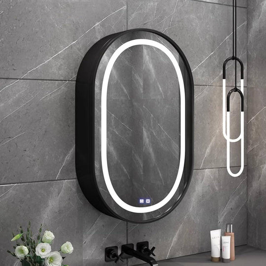 Lustro LED z szafką, owalne, 50x80cm, odmgławianie, światło zimne/ciepłe/neutralne, czarna ramka, lusterka w szafkach z miejscem do przechowywania Domyślny tytuł Alessandro Design