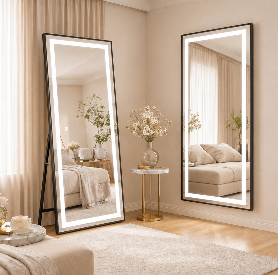 Prostokątne lustro LED, czarna rama, 50x160 cm, możliwość przyciemniania, światło zimne/ciepłe/neutralne, moda garderoba