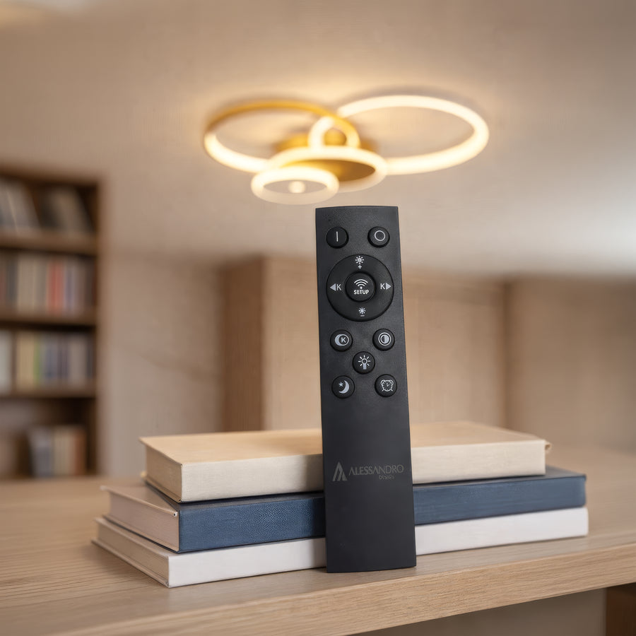 Żyrandol LED z pilotem KILLIAN 80W, 4 koła, światło zimne/ciepłe/neutralne, możliwość przyciemniania, złoty