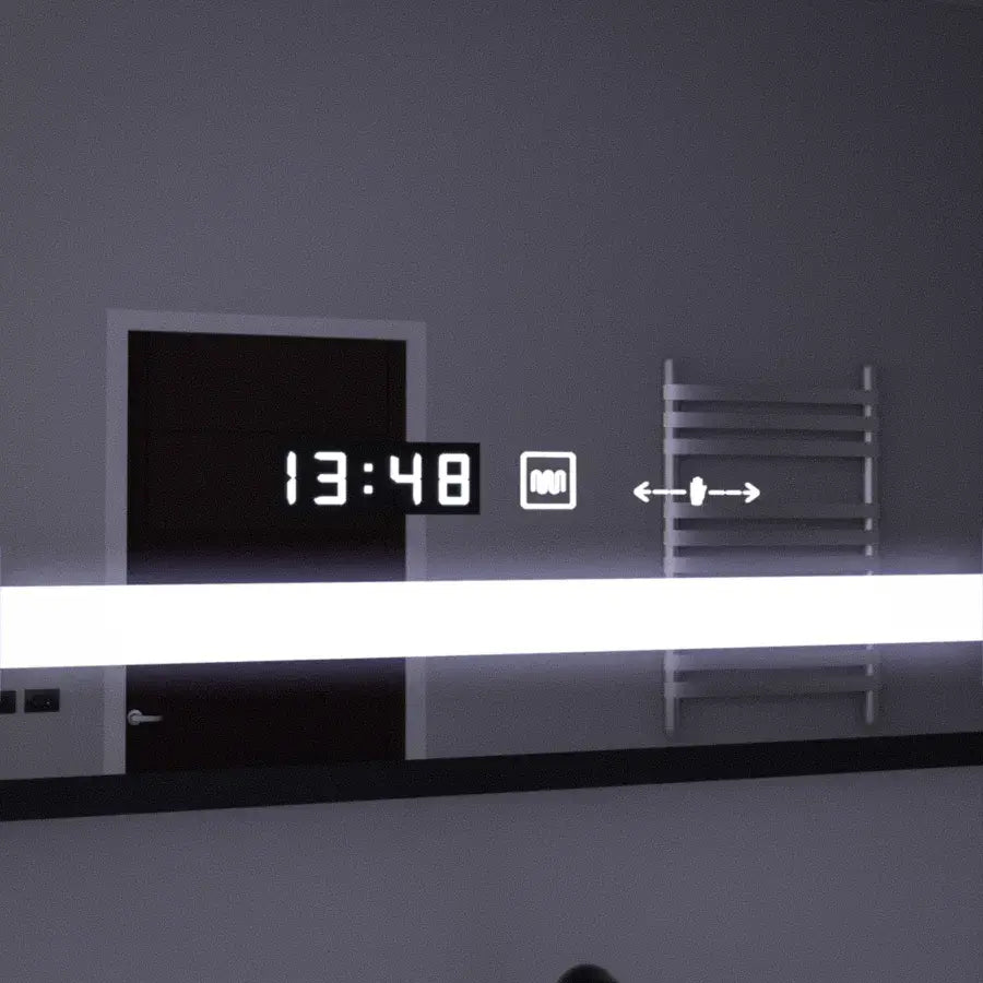 Prostokątne lusterko LED, 120x80 cm, czujnik Motionglow Marcello, system wyłączający, zegar i termometr, powiększenie kosmetyczne