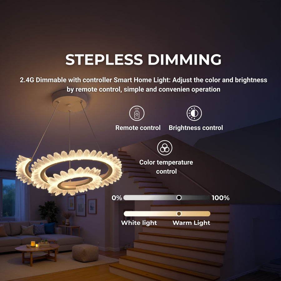 Żyrandol LED Luminis PRISM, kryształ i metal, 210 W, 4 okręgi, ściemnialny, regulowana wysokość, zimne/ciepłe/neutralne światło, luksusowe oświetlenie