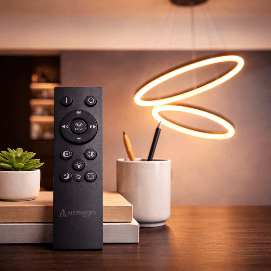 Zawieszany żyrandol LED z pilotem CASIANA 40W, 2 koła, światło zimne/ciepłe/neutralne 3000K/4000K/6000K, możliwość przyciemniania, czarny, regulowana wysokość, metal i akryl