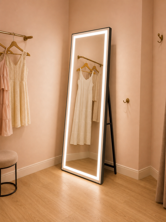 Prostokątne lustro LED, czarna rama, 50x160 cm, możliwość przyciemniania, światło zimne/ciepłe/neutralne, moda garderoba