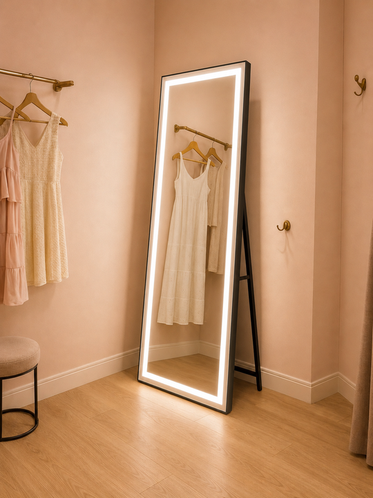 Prostokątne lustro LED, czarna rama, 50x160 cm, możliwość przyciemniania, światło zimne/ciepłe/neutralne, moda garderoba