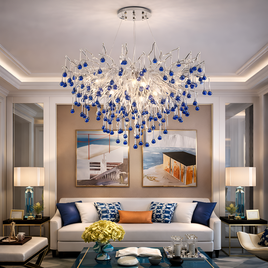 Żyrandol Kryształowy CC335/600CH, 7x G9, Chromowane i Niebieskie Kryształy, 60cm, Regulowana Wysokość