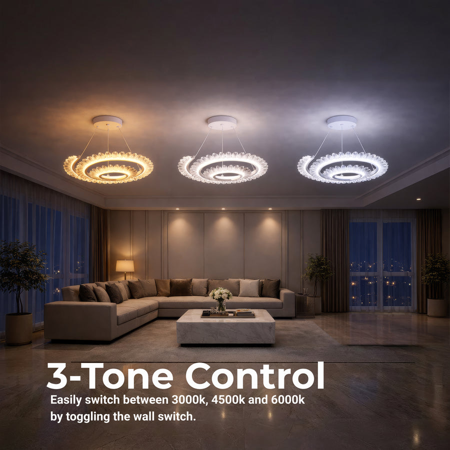 Żyrandol LED Luminis PRISM, kryształ i metal, 210 W, 4 okręgi, ściemnialny, regulowana wysokość, zimne/ciepłe/neutralne światło, luksusowe oświetlenie