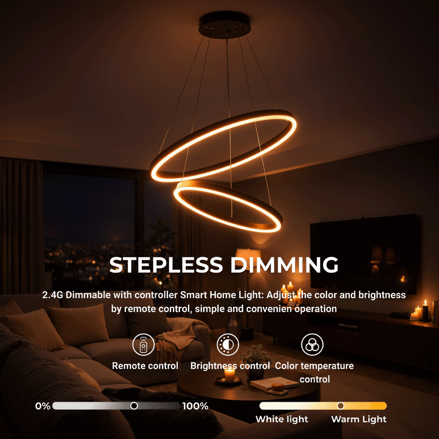 Zawieszany żyrandol LED z pilotem CASIANA 40W, 2 koła, światło zimne/ciepłe/neutralne 3000K/4000K/6000K, możliwość przyciemniania, czarny, regulowana wysokość, metal i akryl