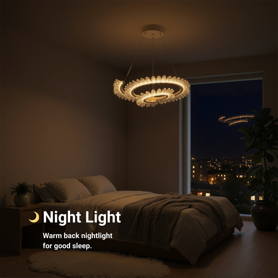 Żyrandol LED Luminis PRISM, kryształ i metal, 210 W, 4 okręgi, ściemnialny, regulowana wysokość, zimne/ciepłe/neutralne światło, luksusowe oświetlenie