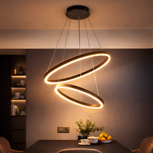 Zawieszany żyrandol LED z pilotem CASIANA 40W, 2 koła, światło zimne/ciepłe/neutralne 3000K/4000K/6000K, możliwość przyciemniania, czarny, regulowana wysokość, metal i akryl