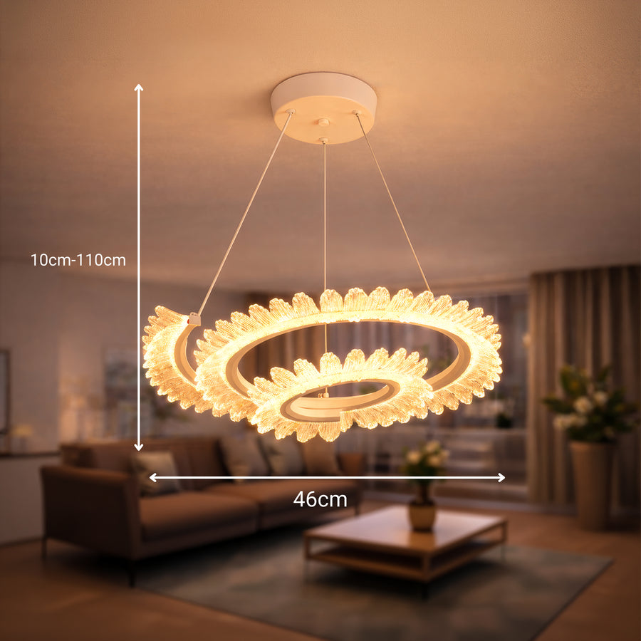 Żyrandol LED Luminis PRISM, kryształ i metal, 210 W, 4 okręgi, ściemnialny, regulowana wysokość, zimne/ciepłe/neutralne światło, luksusowe oświetlenie