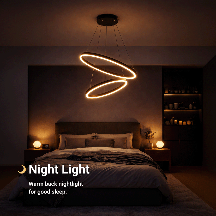 Zawieszany żyrandol LED z pilotem CASIANA 40W, 2 koła, światło zimne/ciepłe/neutralne 3000K/4000K/6000K, możliwość przyciemniania, czarny, regulowana wysokość, metal i akryl