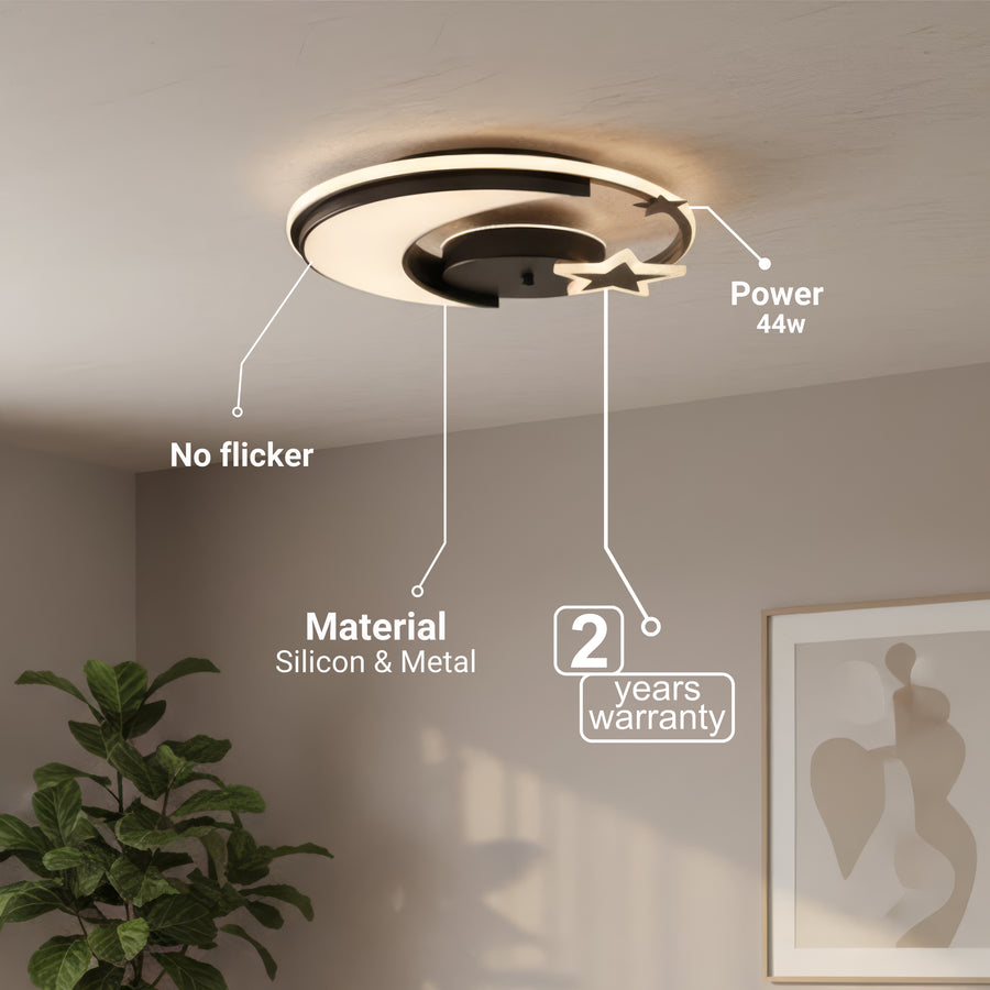 Żyrandol LED z pilotem ALYONA 44W, Księżyc i Gwiazda, Światło zimne/ciepłe/neutralne, Ściemnialny, Czarny 