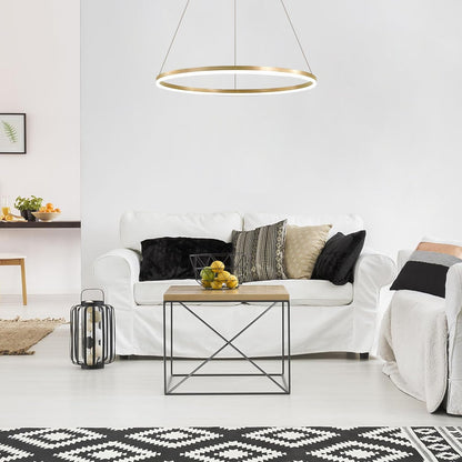 Wiszący żyrandol LED, ANINA, 34W, 1 okrąg, średnica 50cm, światło zimne/ciepłe/neutralne 3000K/4000K/6000K, możliwość przyciemniania, błyszczący złoty biały, regulowana wysokość, metal i akryl