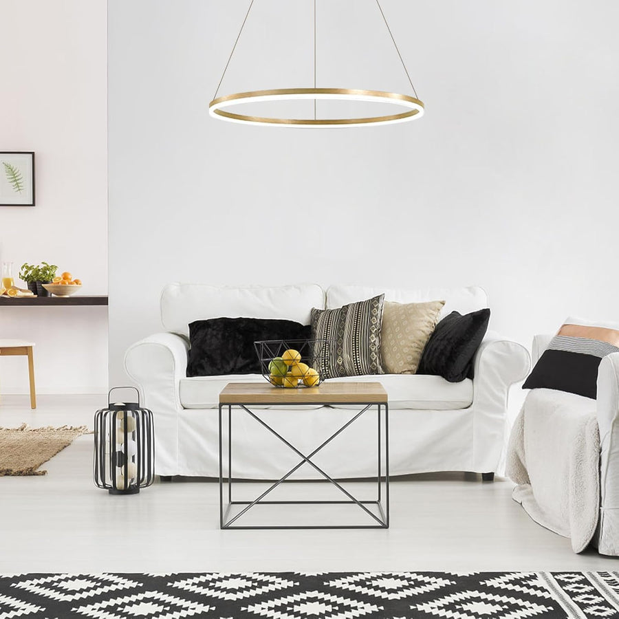 Wiszący żyrandol LED, ANINA, 34W, 1 okrąg, średnica 50cm, światło zimne/ciepłe/neutralne 3000K/4000K/6000K, możliwość przyciemniania, błyszczący złoty biały, regulowana wysokość, metal i akryl