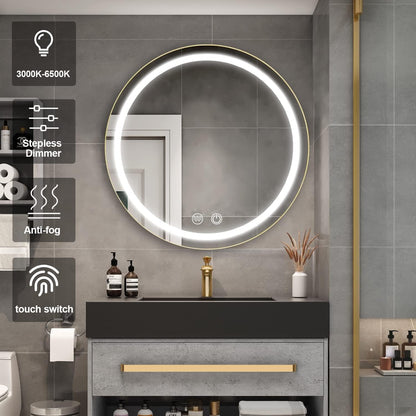 Lustro LED z szafką, okrągłe, 50x50 cm, przeciwmgielne, światło zimne/ciepłe/neutralne, czarna rama, miejsce do przechowywania