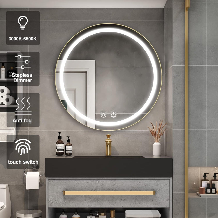 Lustro LED z szafką, okrągłe, 50x50 cm, przeciwmgielne, światło zimne/ciepłe/neutralne, czarna rama, miejsce do przechowywania