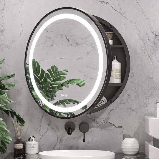 Lustro LED z szafką, okrągłe, 10 W, 50x50 cm, odmgławianie, czarna ramka, przestrzeń do przechowywania Lustra w szafkach Domyślny tytuł Alessandro Design