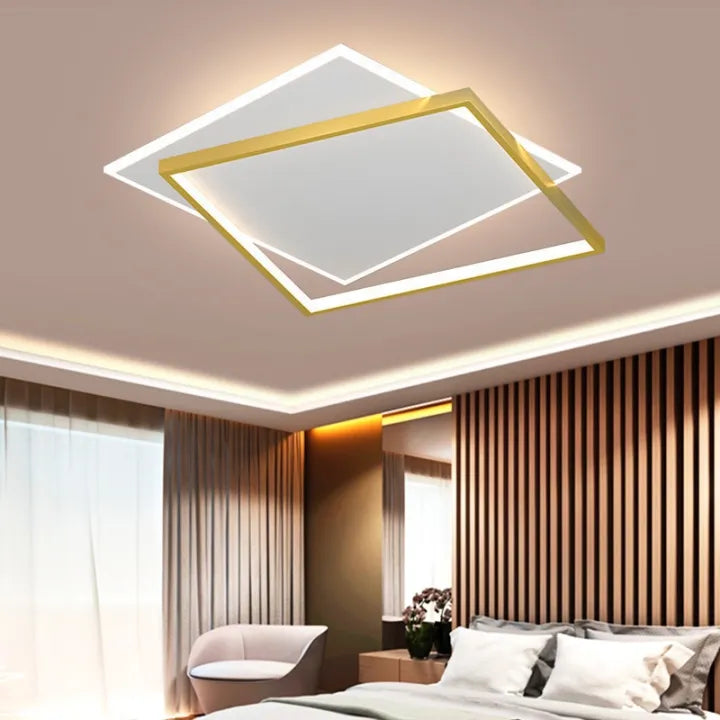 LED żyrandol z pilotem Solar 98W, 2 kwadraty, zimno/gorące/neutralne światło, niestabilne, białe złoto