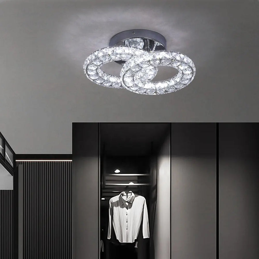 Żyrandol LED ZABINA 32W z pilotem i kryształem, 2 okręgi, światło zimne/ciepłe/neutralne, ściemnialny, chrom błyszczący