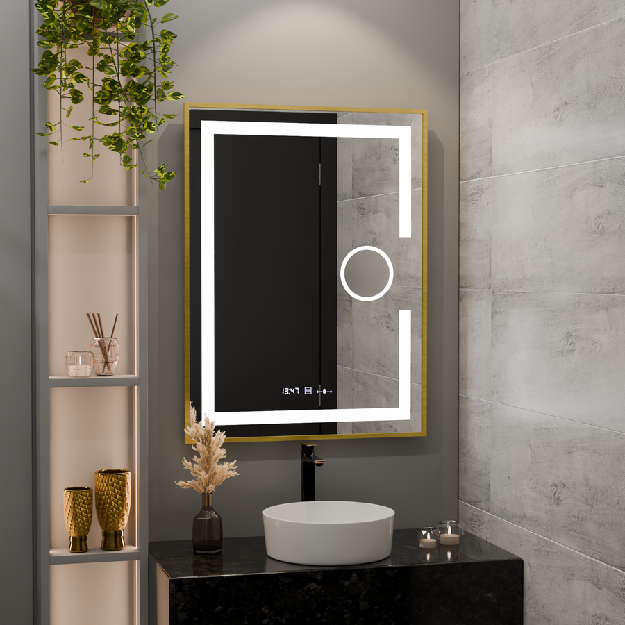 Prostokątne lusterko LED, 60x80 cm, Eclat Motionglow Marcello, System Defrition, zegar i termometr, kosmetyki