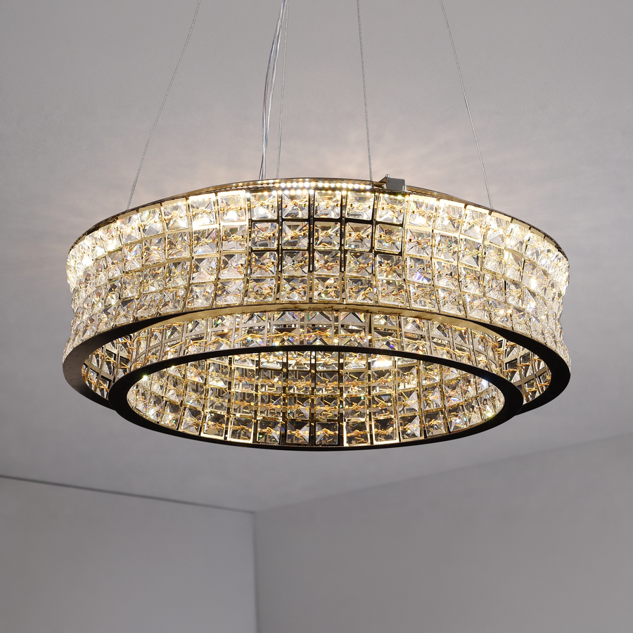 Żyrandol LED z pilotem, LLC160/500GD, kryształ i metal, 55W, możliwość przyciemniania, regulowana wysokość, światło zimne/ciepłe/neutralne, luksusowe oświetlenie