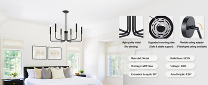 Żyrandol metalowy AVANT, typ wiszący z ramionami, okrągły, 6xE14, czarny