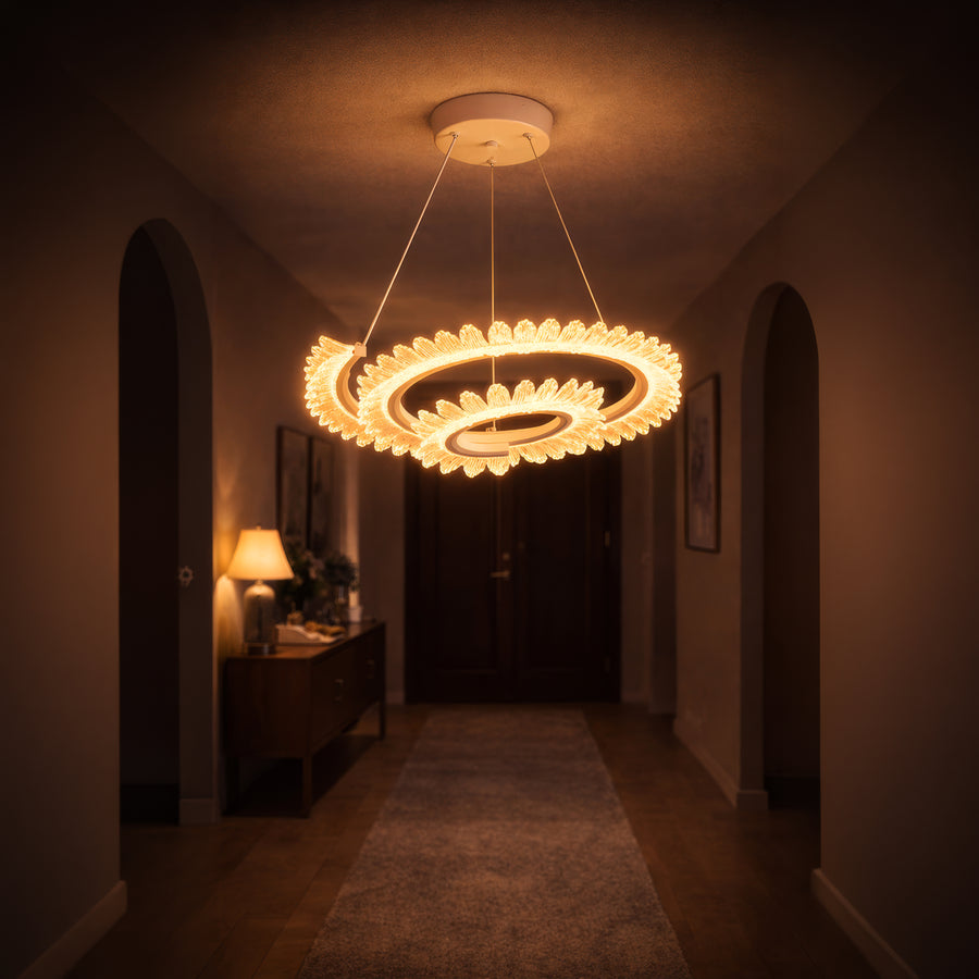 Żyrandol LED Luminis PRISM, kryształ i metal, 210 W, 4 okręgi, ściemnialny, regulowana wysokość, zimne/ciepłe/neutralne światło, luksusowe oświetlenie