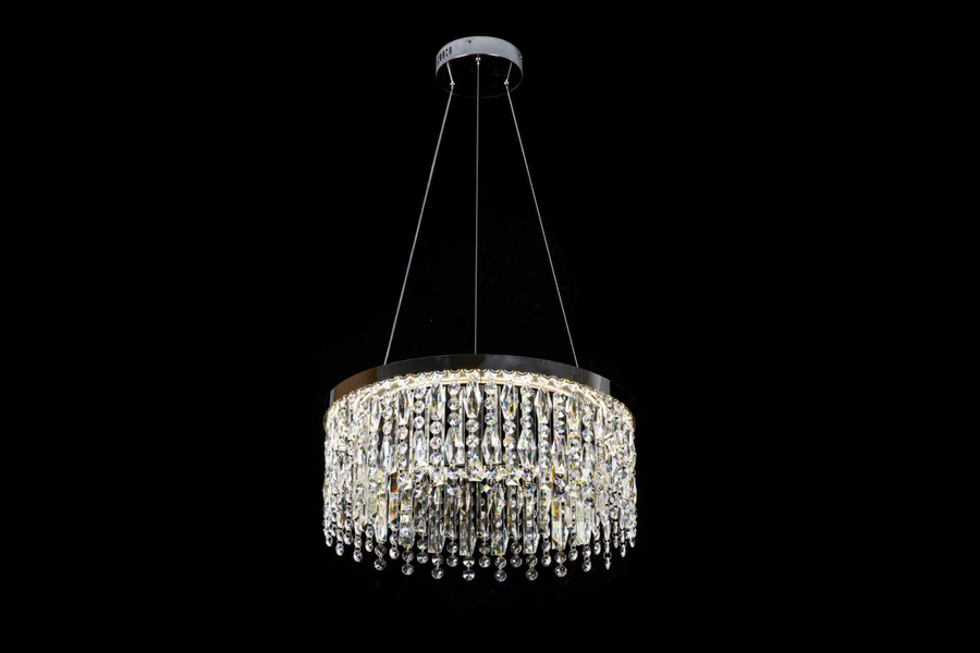 Żyrandol LED CC41003/400CH, średnica 40 cm, wysokość 120 cm, IP20, światło zimne/neutralne/ciepłe, możliwość przyciemniania, srebrny, kryształ, stal