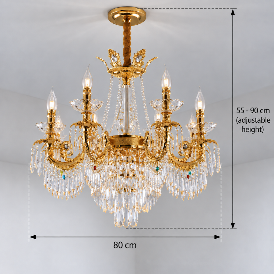 Żyrandol Kryształowy 11xE14, G80cm, Błyszczące Złoto, Regulowana Wysokość, Metal i Kryształ