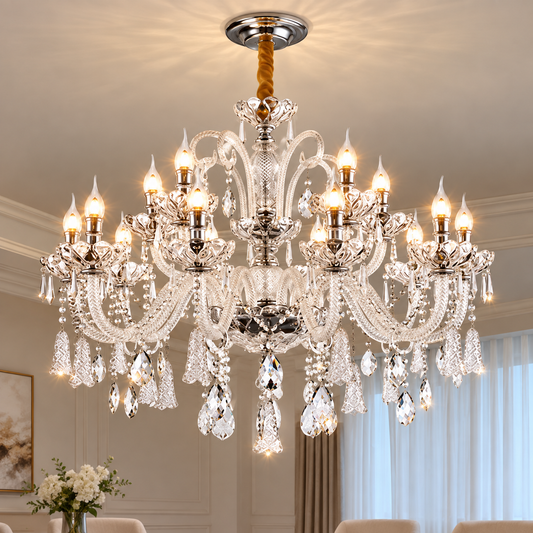 Żyrandol Kryształowy 15xE14, G95cm, Srebrny, Regulowana Wysokość, Metal i Kryształ